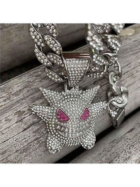 GENGAR pokemon chain 18K white gold plated jewelry thick cuban necklace men NWT